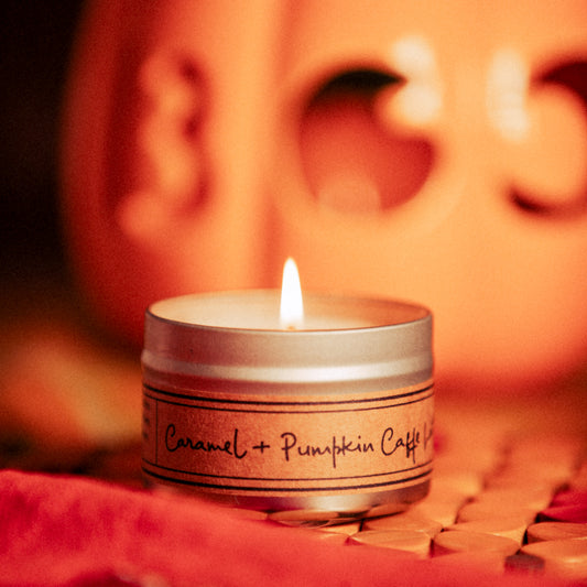 Caramel + Pumpkin Cafe Latte Soy Wax Candle - Mini Tin