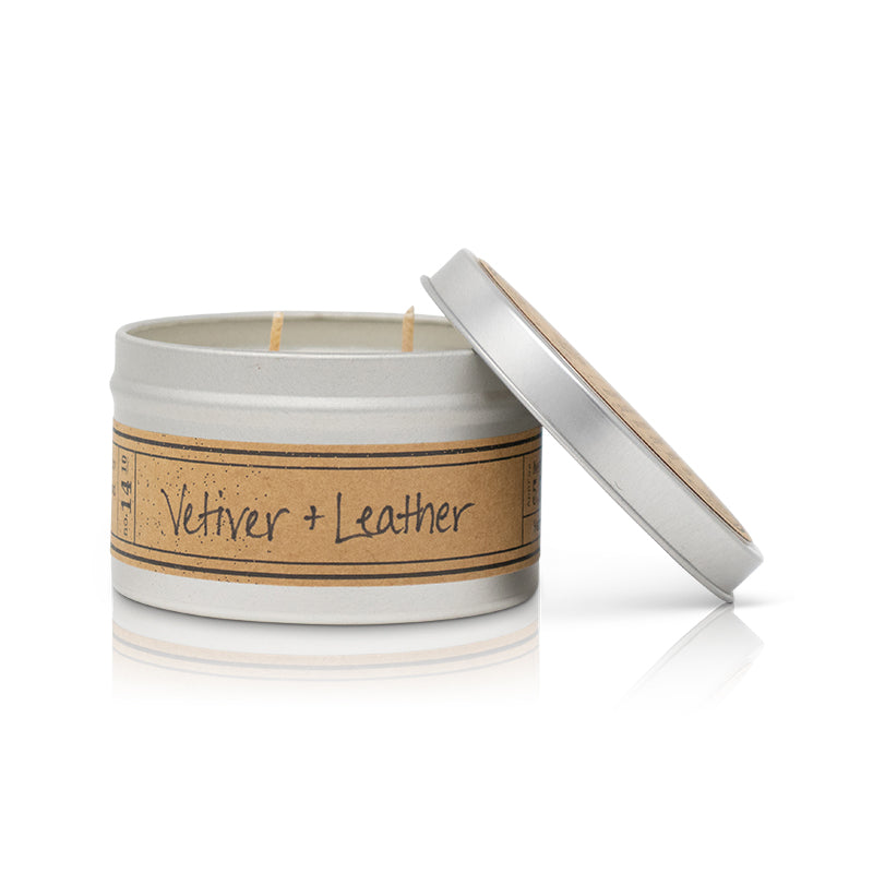 Vetiver + Leather Soy Wax Candle - Travel Tin