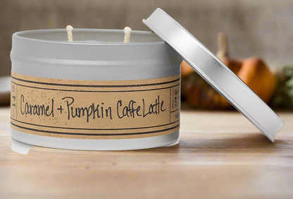 Caramel + Pumpkin Cafe Latte Soy Wax Candle - Travel Tin